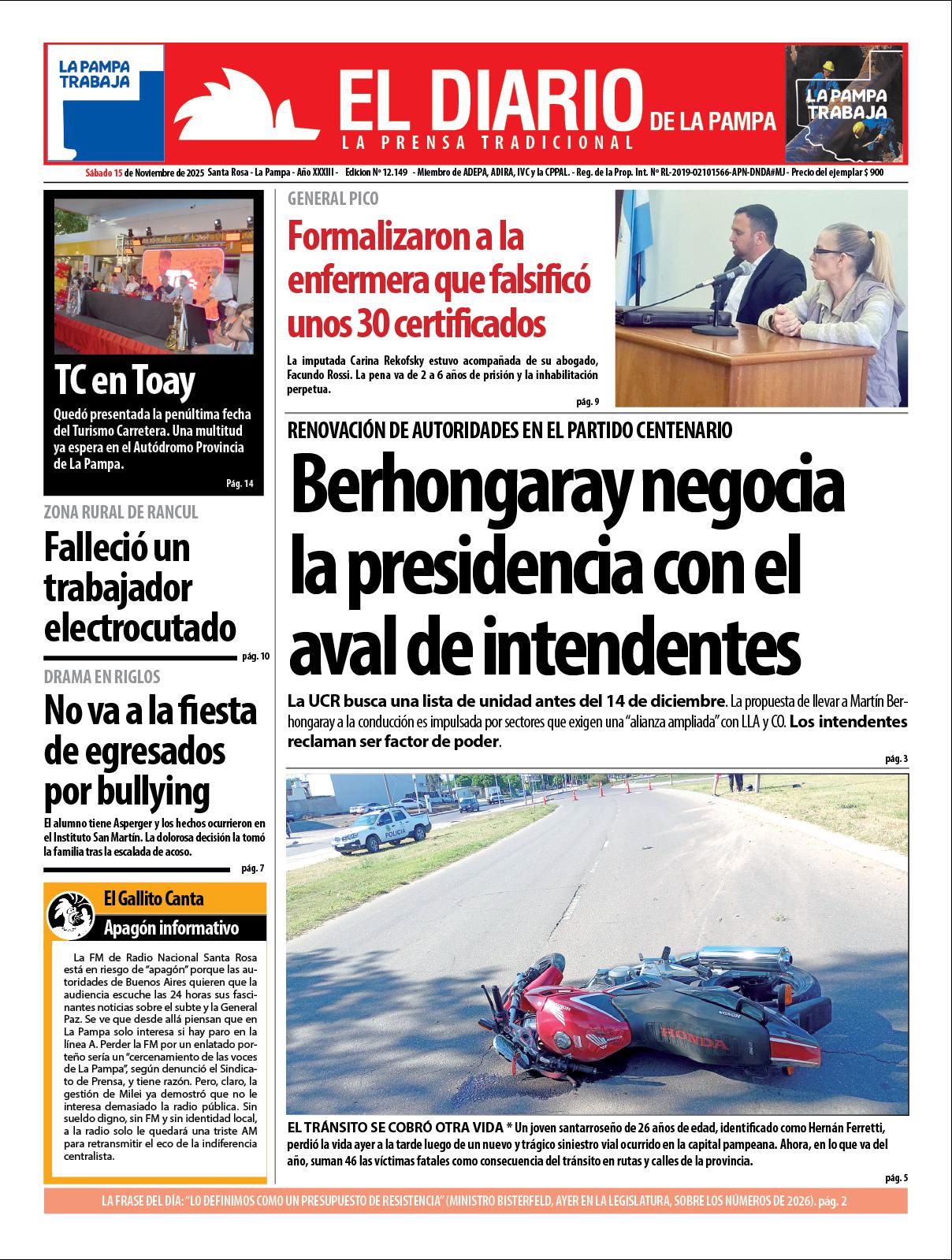 Tapa de El Diario en papel  saacutebado 15 de noviembre de 2025